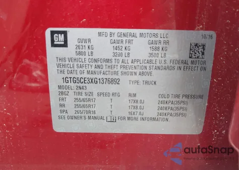 2016 GMC Canyon Sle from USA, damaged, VIN 1GTG5CE3XG1376892